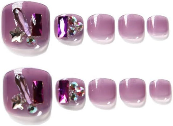 24PCS Glitter Purple Press-On Fake Toenails - Acrylic Toe Nail Set