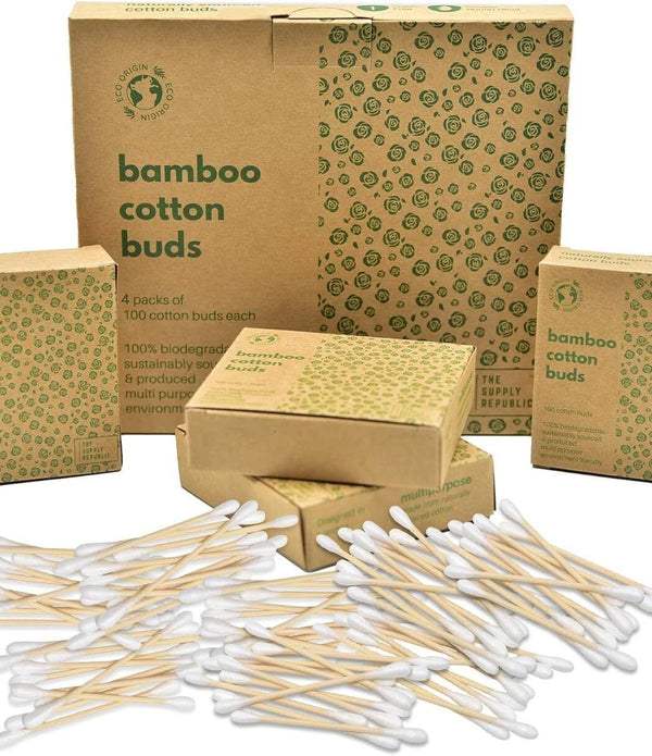 400 Bamboo Cotton Buds - Eco-Friendly, Biodegradable Q Tips, Recycled Packaging