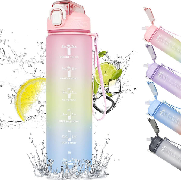 CodiCile 1L Sports Water Bottle - Straw, Time Markings, Gradient Pink