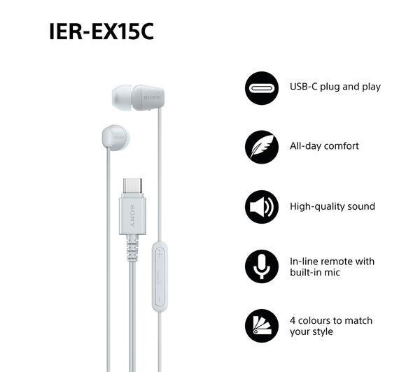 Sony IER‑EX15C USB‑C Wired Earbuds with Mic – Lightweight In‑Ear Headphones
