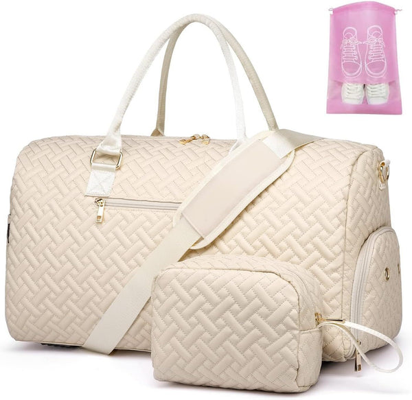 Travel Duffle Bag for Women, Weekend Bag with Toiletry & Shoe Compartment, Beige