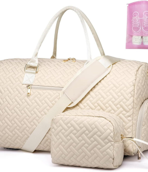 Travel Duffle Bag for Women, Weekend Bag with Toiletry & Shoe Compartment, Beige