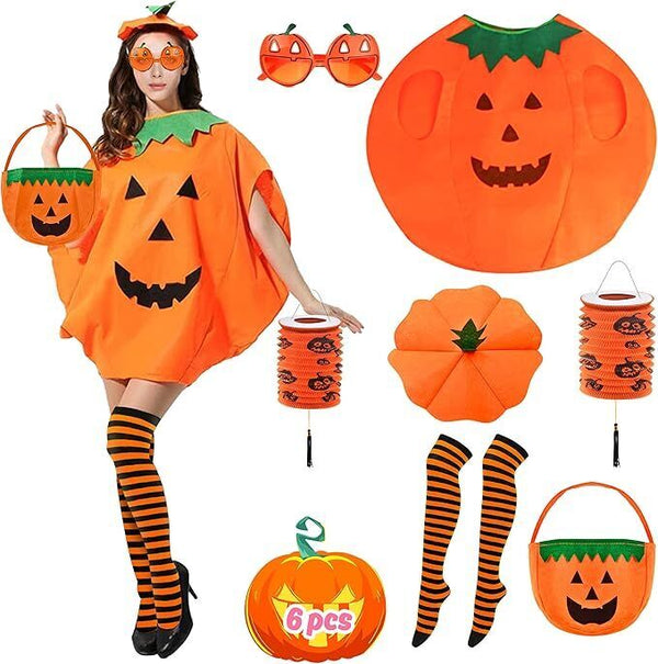 6 PCS Halloween Pumpkin Costume Set for Women & Kids, Includes Socks, Glasses