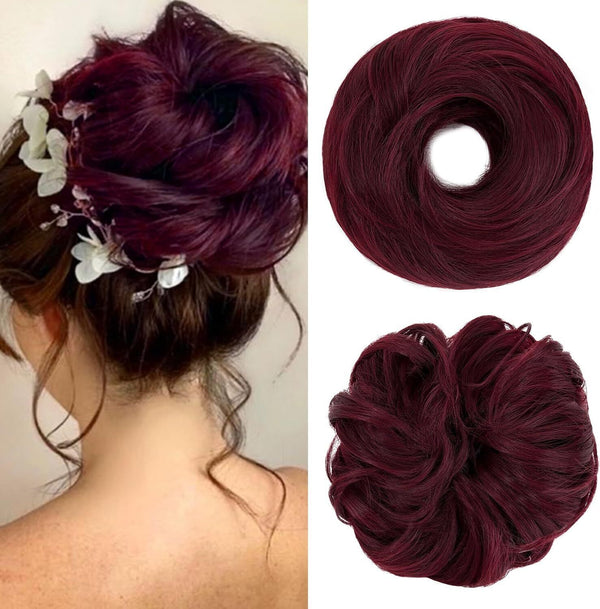 S-noilite Curly Hair Scrunchies for Women, Donut Updo Hair Bun, Wine Red