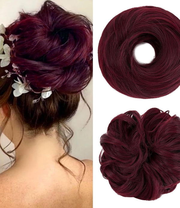 S-noilite Curly Hair Scrunchies for Women, Donut Updo Hair Bun, Wine Red