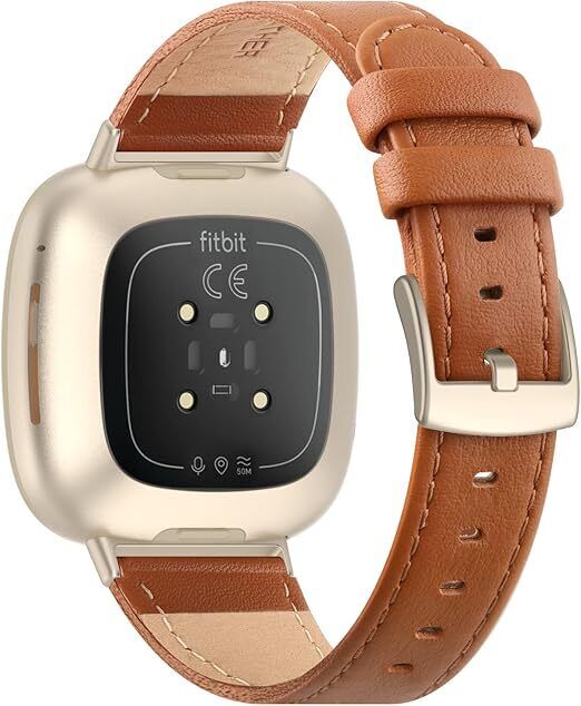 Tuocal Genuine Leather Strap for Fitbit Versa 4/3/Sense  Brown