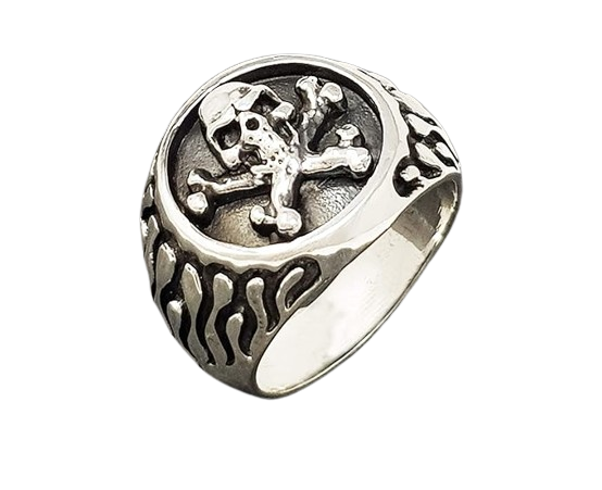 Chunky Skull and Cross Bones Silver Ring for Men, Biker, Flames - SIZE Y