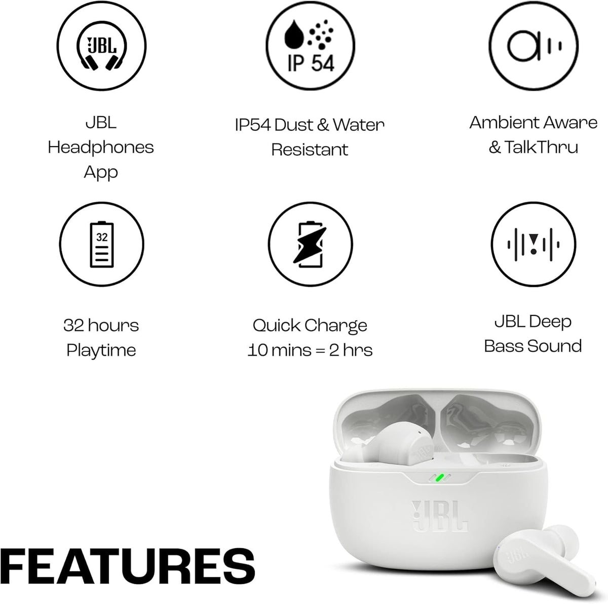 JBL Wave Beam In-Ear Wireless Earbuds - White