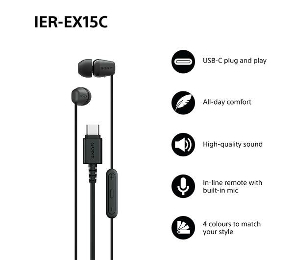 Sony IER‑EX15C USB‑C Wired Earbuds with Mic – Lightweight In‑Ear Black
