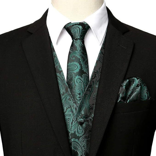 3pc Paisley Waistcoat Set, Wedding Prom Vest with Necktie - 3XL - GREEN BLACK