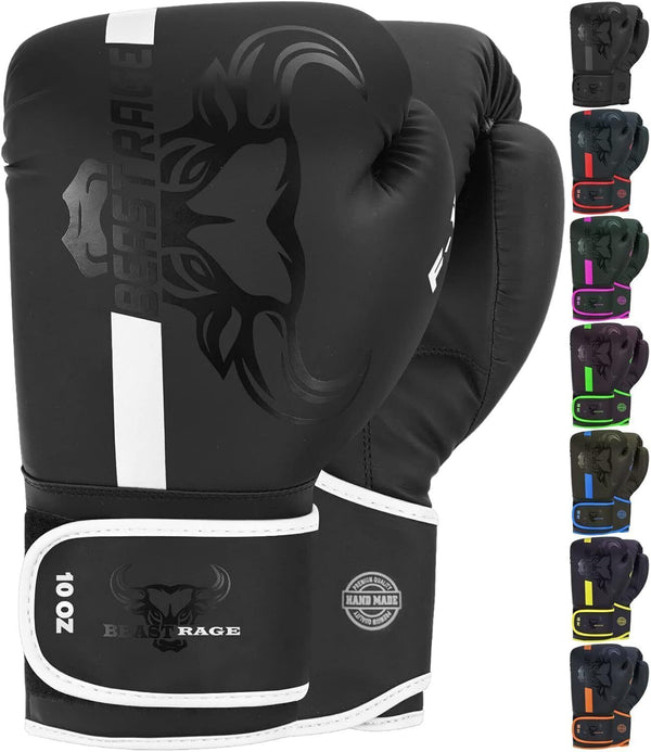 BEAST RAGE Boxing Gloves, 10oz, for Muay Thai, MMA, Kickboxing, White