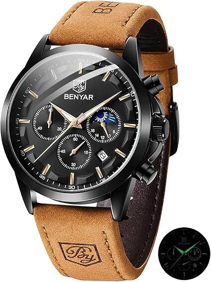 BENYAR Men’s Chronograph Date Watch - Black Leather, Waterproof Analogue