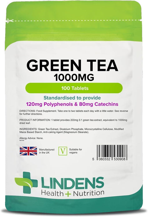 Lindens Green Tea 1000mg 100 Tabs Vegan 120mg Polyphenols BBE 11/25 UK Made
