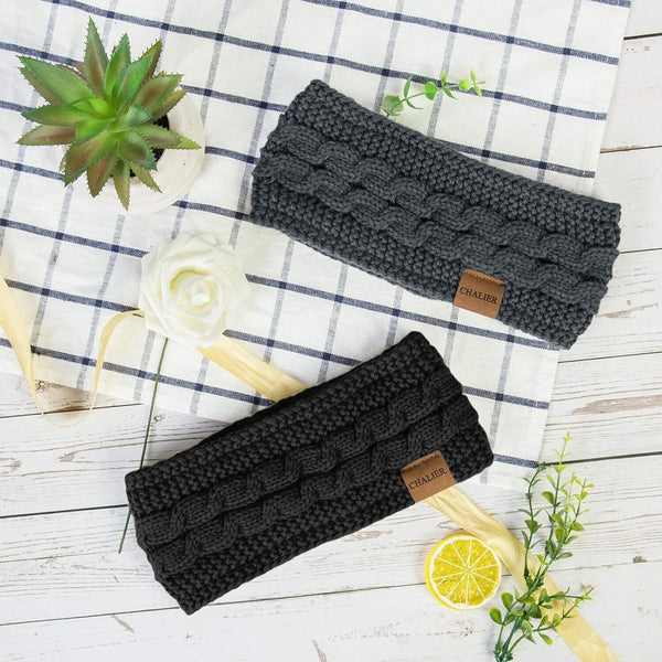 2x Winter Cable Knit Ear Warmer Headbands Thermal Twist - Black/Grey