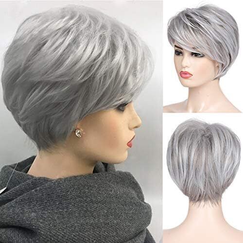 Baruisi Short Grey Wig, Pixie Layered Wig with Bangs, Cosplay & Daily Use