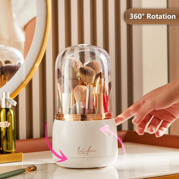 Makeup Brush Organizer, Rotating Dustproof Holder, Acrylic Cover