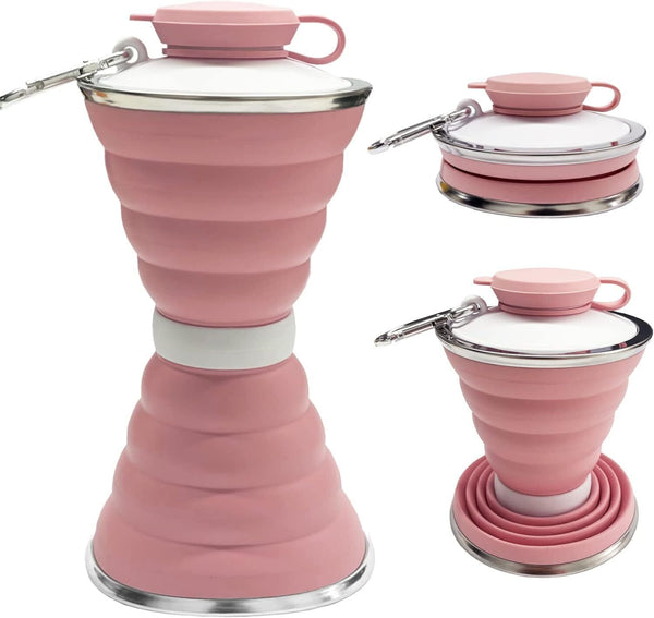 SAKUUMI 500ml Collapsible Silicone Water Bottle with Carabiner & Strap, Pink
