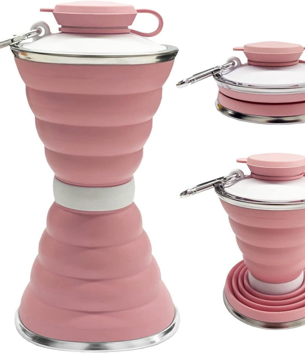 SAKUUMI 500ml Collapsible Silicone Water Bottle with Carabiner & Strap, Pink
