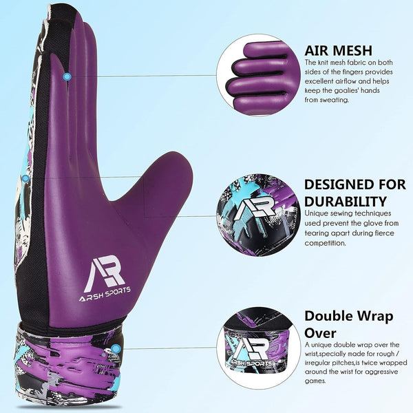 Arsh Sports Soccer Goalie Gloves, Purple, Size 4, For Ages 6-9