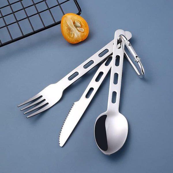 3-Pc Camping Stainless Steel Cutlery Set with Carabiner, QQ CAT, Travel Kit