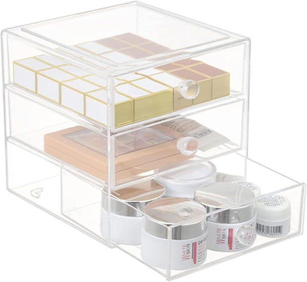HOJKMA Clear Acrylic Makeup Organiser - 3 Drawer Cosmetic Storage