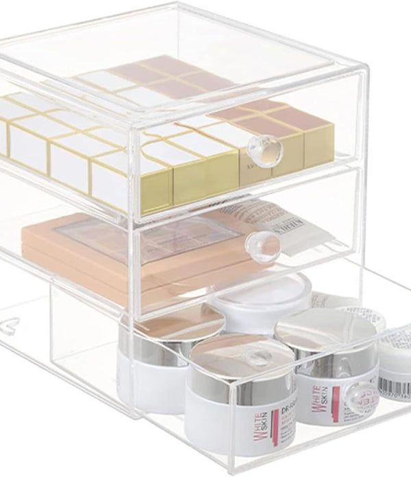 HOJKMA Clear Acrylic Makeup Organiser - 3 Drawer Cosmetic Storage