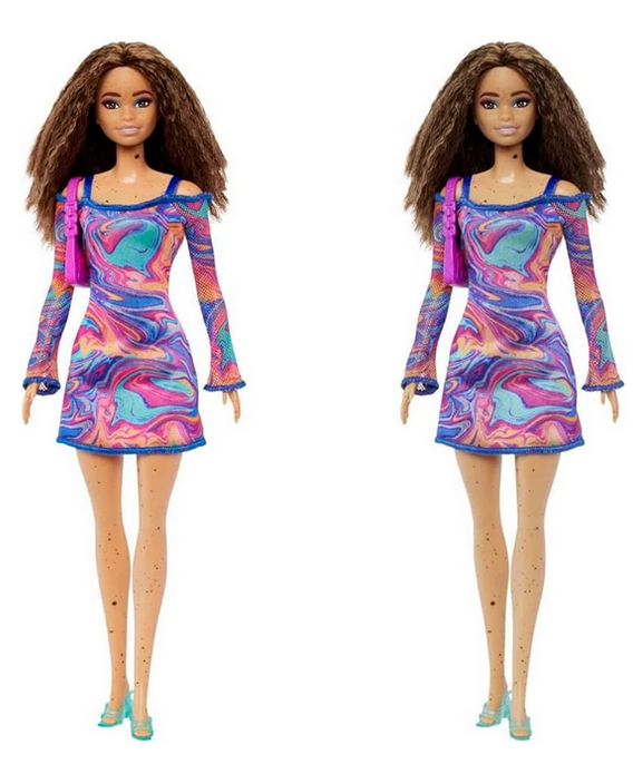 Barbie Fashionistas Doll #206, Crimped Hair, Rainbow Dress, Freckles