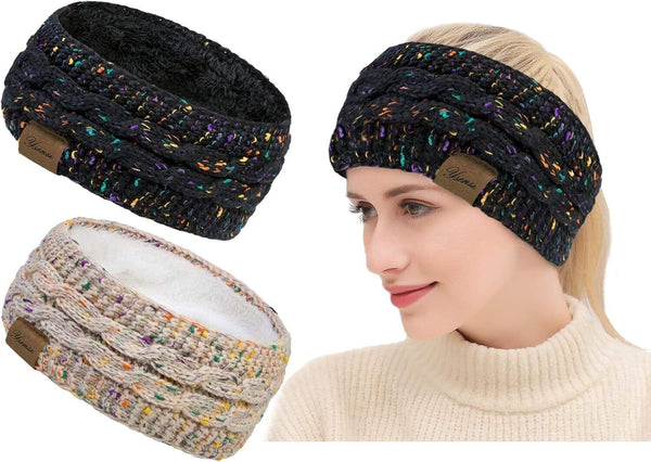 Womens Warm Knitted Ribbed Fleece Lined Winter Headband Headwrap Ear Warmer