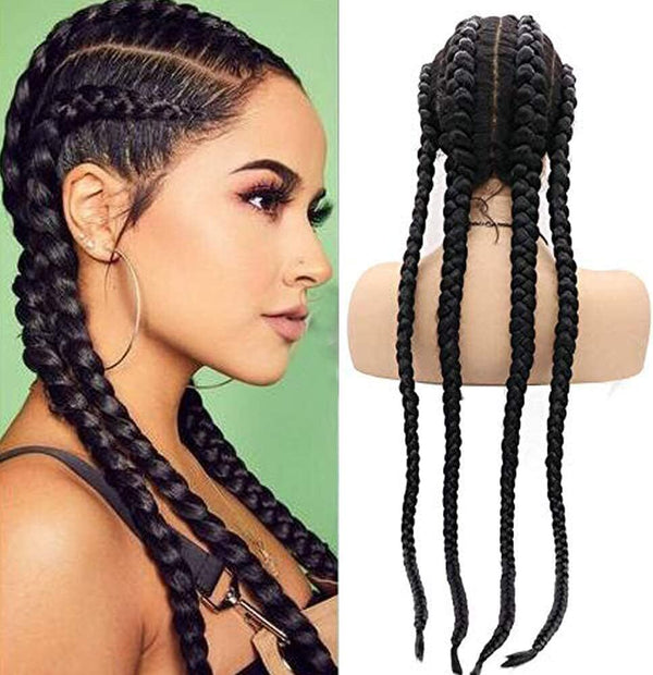 Long Black Braided Wig for Women, Lace Front, Knotless Cornrow 30-inch