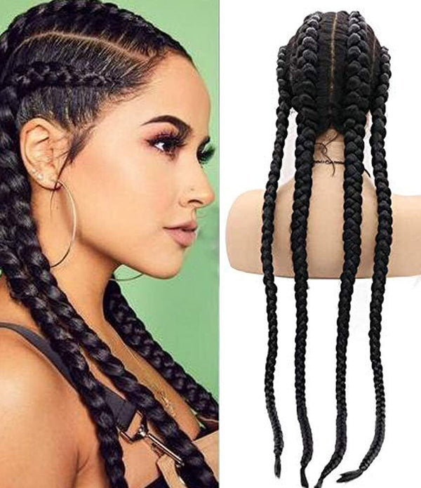 Long Black Braided Wig for Women, Lace Front, Knotless Cornrow 30-inch