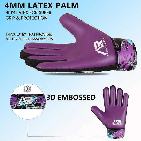 Arsh Sports Soccer Goalie Gloves, Purple, Size 4, For Ages 6-9