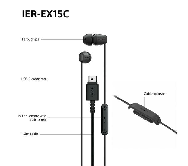 Sony IER‑EX15C USB‑C Wired Earbuds with Mic – Lightweight In‑Ear Black