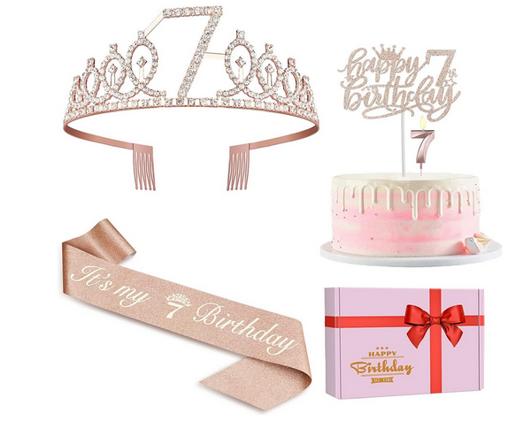 7th Birthday Decorations for Girls, Sash, Crown, Candle & Cake Topper Set