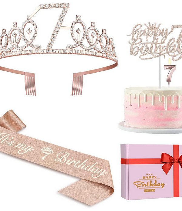 7th Birthday Decorations for Girls, Sash, Crown, Candle & Cake Topper Set