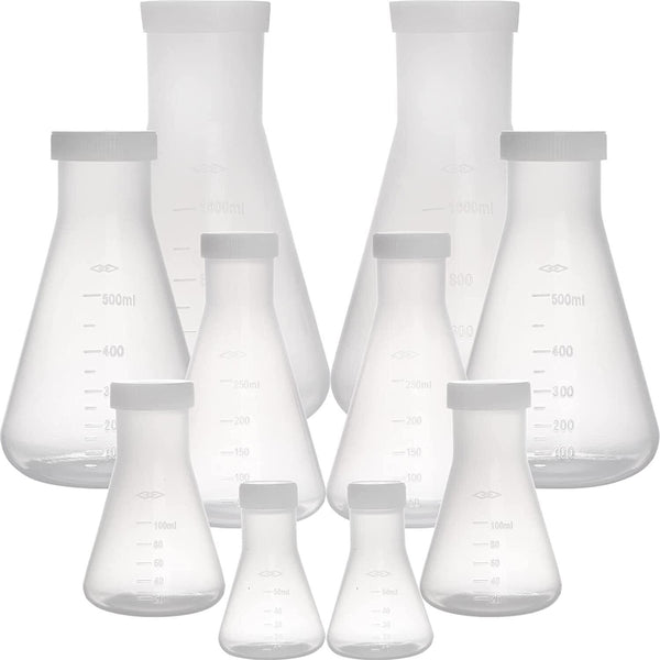 Peohud Set of 10 Scientific Erlenmeyer Flasks, Lab Glassware with Screw Caps