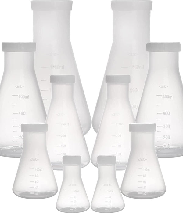 Peohud Set of 10 Scientific Erlenmeyer Flasks, Lab Glassware with Screw Caps