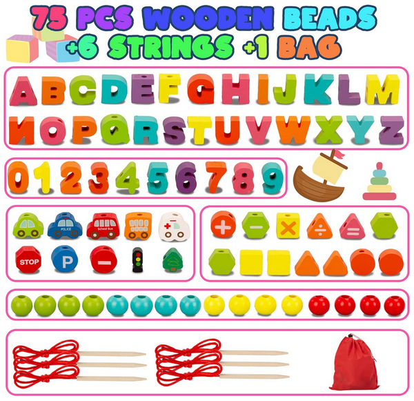 Wooden Lacing Beads, Montessori Alphabet & Number Stringing Toy for Toddlers