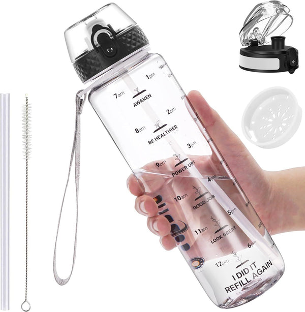 GOPPUS 1L Tritan Water Bottle with Straw, Motivational Leakproof - Clear