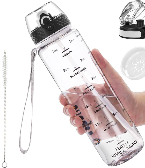 GOPPUS 1L Tritan Water Bottle with Straw, Motivational Leakproof - Clear