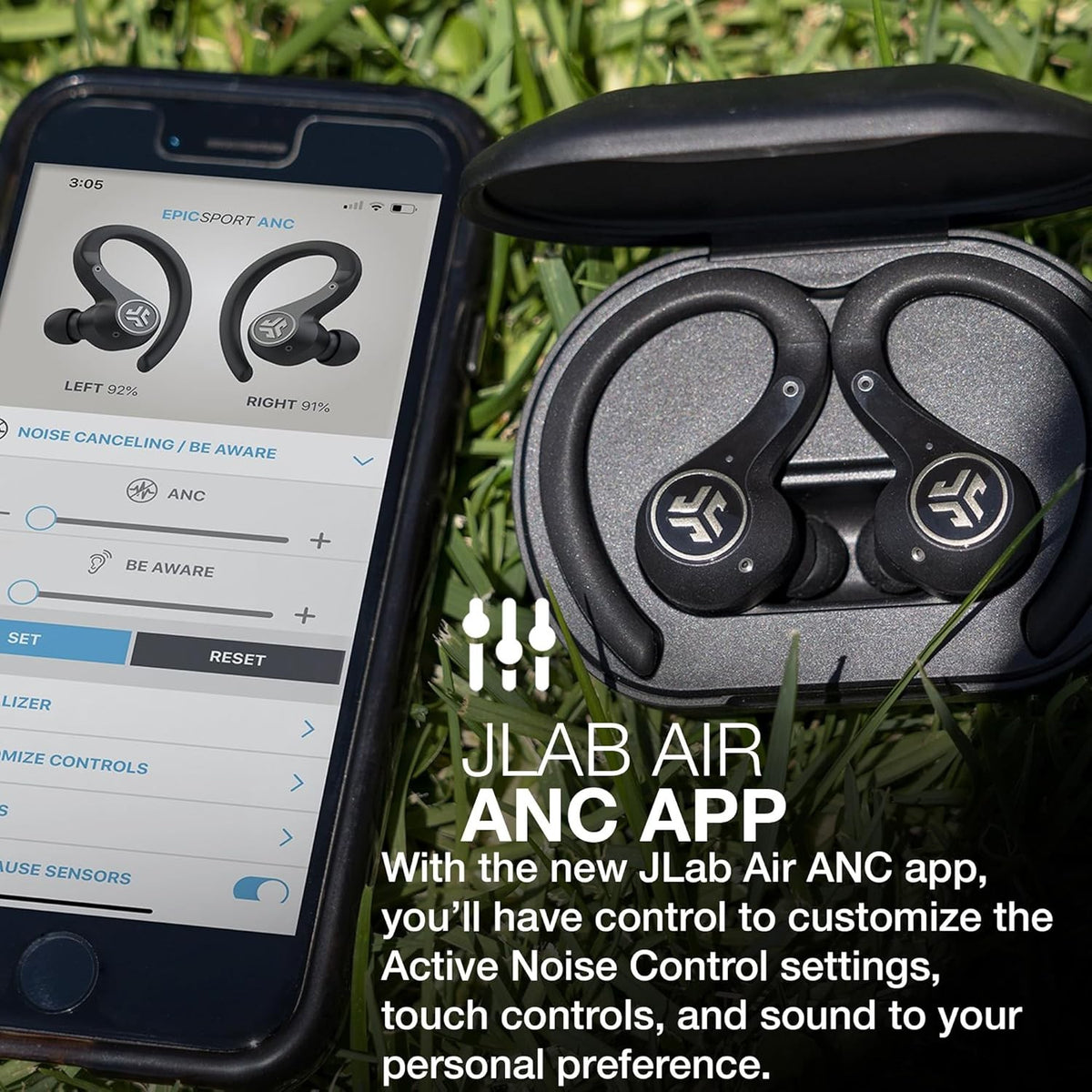 JLab Epic Air Sport ANC Active Noise Cancelling Earbuds, Wireless - Black