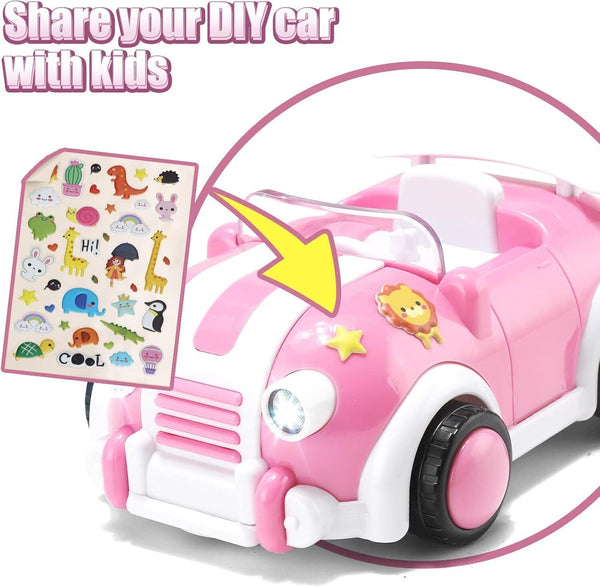 Anby Families Pink Cartoon RC Car w/ Music & Lights + 3 Dolls Toddler Toy