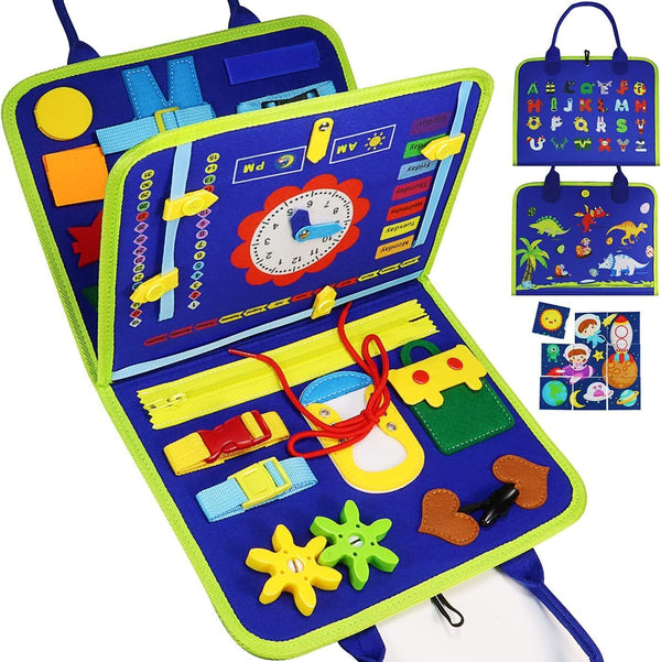 Activity Board, 3-Layer Busy Board Montessori Toy Motor Skills Board (Blue)