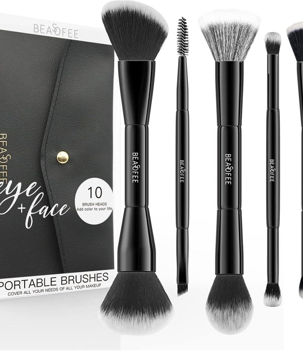 BEASOFEE 5-Piece Premium Double-Ended Makeup Brush Set  Black