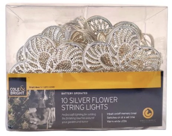 Brights Flower String Lights, Battery Operated Memory Filigree (18538) Silver