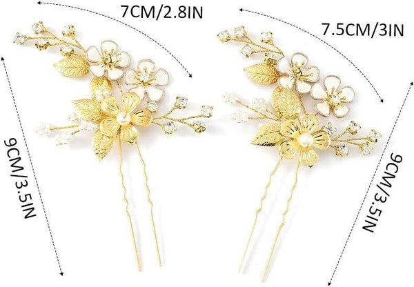 Handcess 2PCS Flower Bride Hair Pins  Gold Crystal Headpiece, Pearl & Leaves