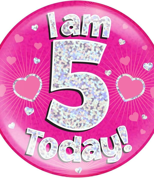 Pink Birthday Badge for Age 5 - 6” Jumbo Holographic