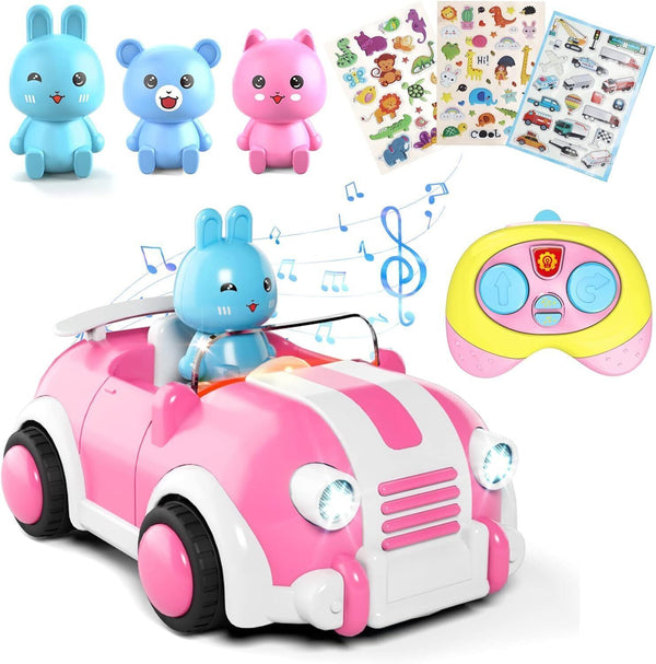 Anby Families Pink Cartoon RC Car w/ Music & Lights + 3 Dolls Toddler Toy