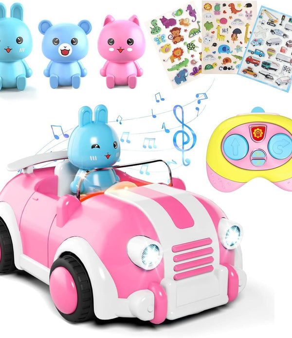 Anby Families Pink Cartoon RC Car w/ Music & Lights + 3 Dolls Toddler Toy