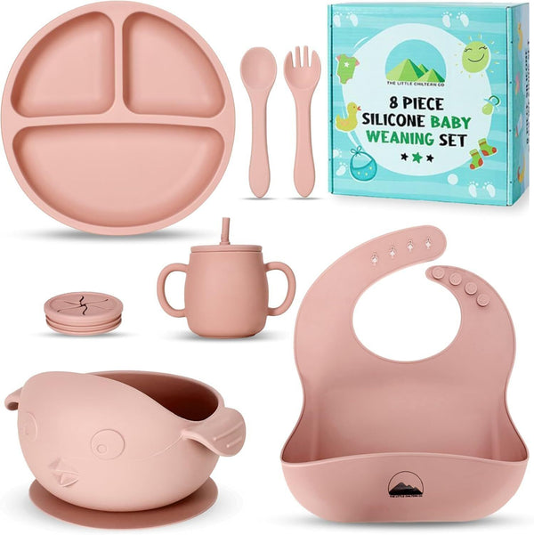 Little Chiltern Co Baby Weaning Set 8pc Silicone Feeding Utensils Pink