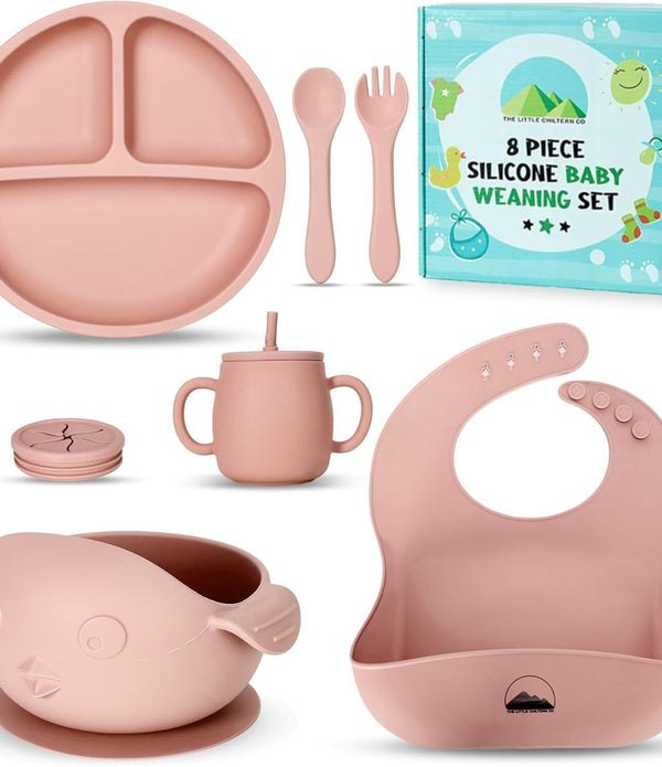 Little Chiltern Co Baby Weaning Set 8pc Silicone Feeding Utensils Pink